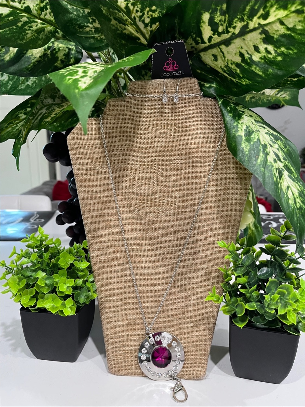 paparazzi Silver long Necklace with Deep Purple Center Stone and a lanyard